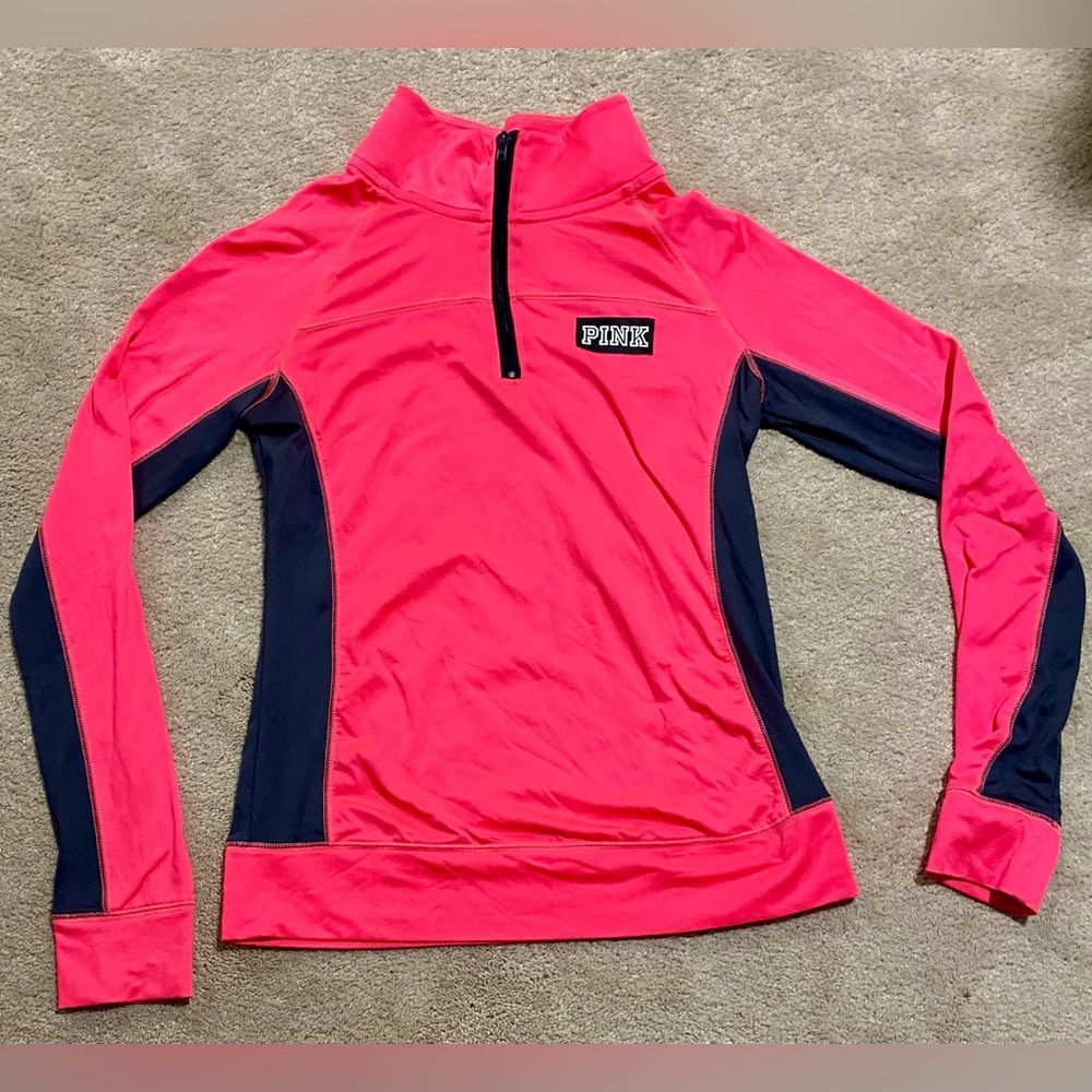 PINK Victoria's Secret Neon Pink and Black Quarter-Zip Long Sleeve Shirt
